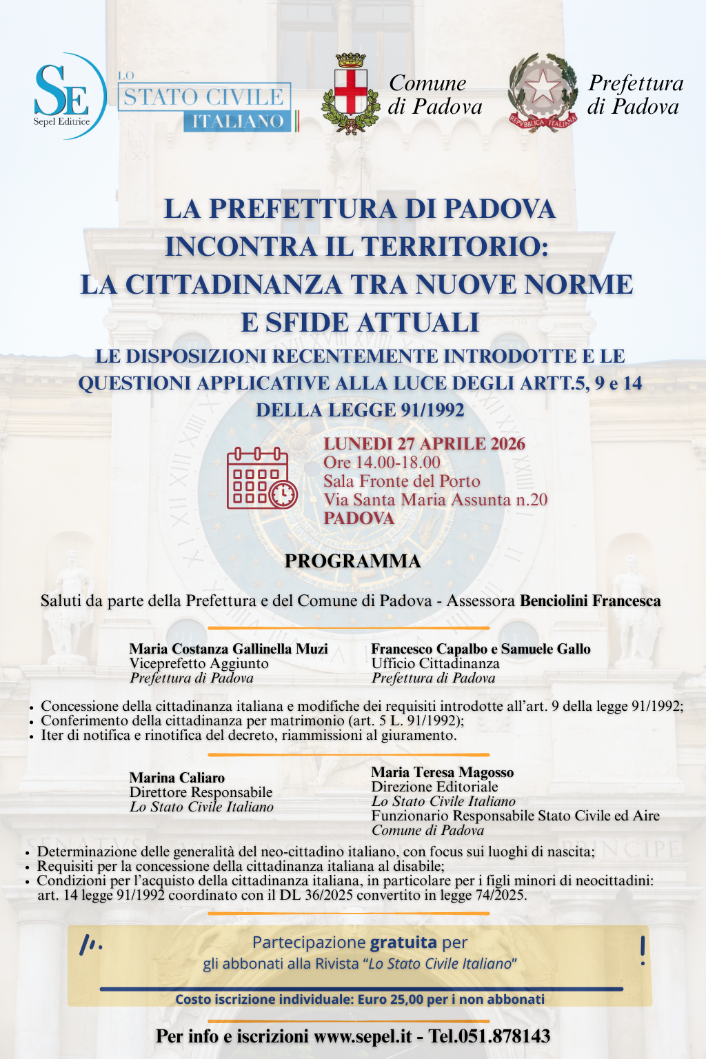 LA PREFETTURA DI PADOVA INCONTRA IL TERRITORIO:  LA CITTADINANZA TRA NUOVE NORME  E SFIDE ATTUALI